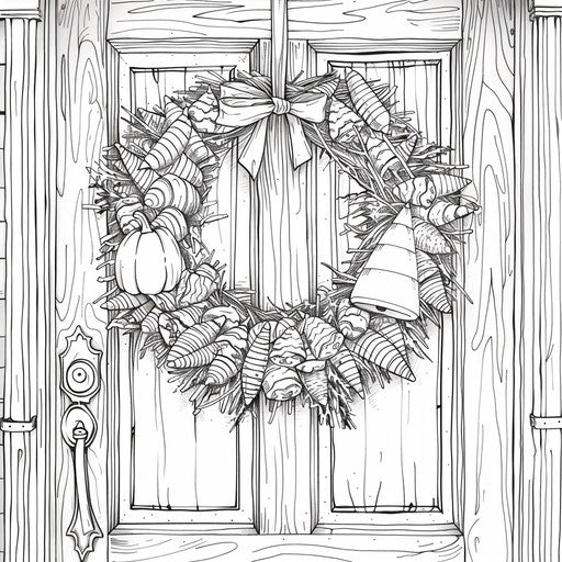 A candy corn wreath on a door. Coloring book page