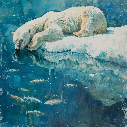 Polar bear resting on an ice floe, watching fish swim