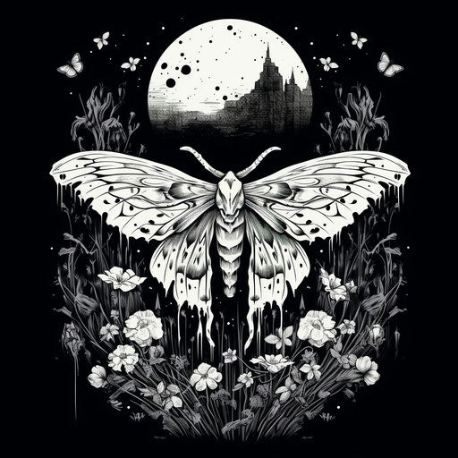 Black and white moth t-shirt design, zombiecore style commission
