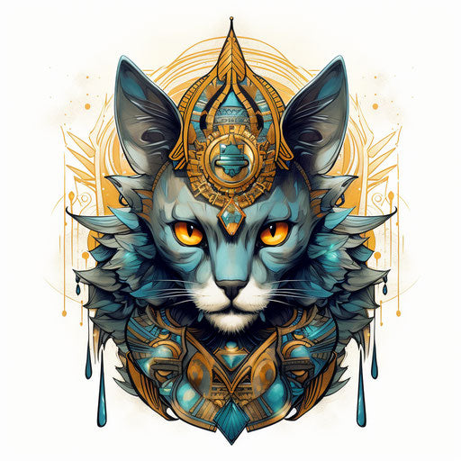 Egyptian cat in royal attire and crown, classic tattoo style