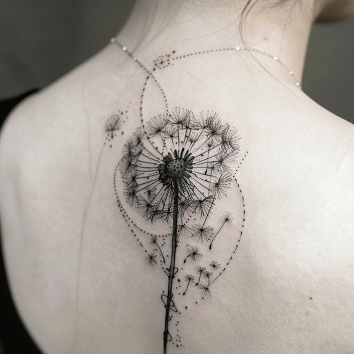 Blackwork dandelion tattoo with intricate patterns