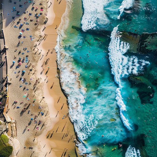 Aerial view of Bondi Beach, Australia featuring pristine shoreline and bustling activity