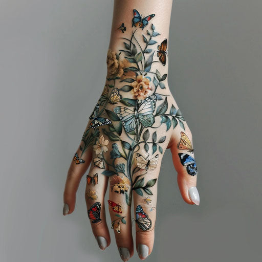 Botanical hand tattoo with delicate butterflies for women