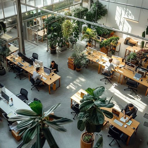 Modern open-plan office with employees collaborating at shared desks