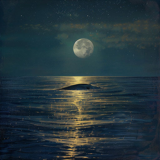 Blue whale swimming under the full moon