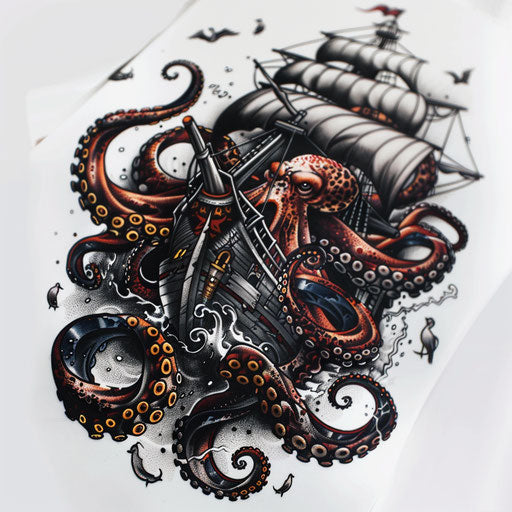 Nautical tattoo: octopus entwining ship in detailed style