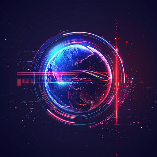 Holographic globe surrounded by digital orbit lines