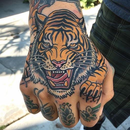 Tiger knuckle tattoos, Ed Hardy style