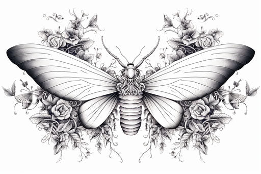 Black and white insect with wings tattoo in skull style