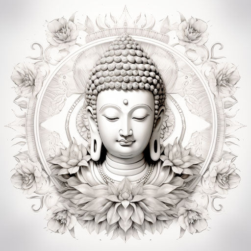 Buddha drawing on white background, classic tattoo style