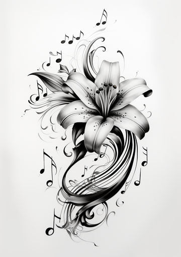 Lily and music notes, feminine style, airbrush art