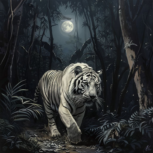 White tiger under the moon in a mystical forest