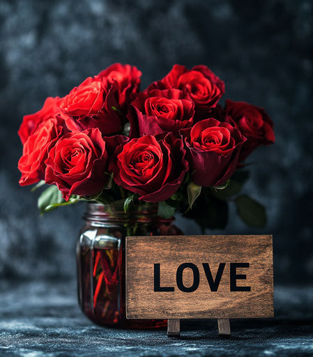 Red roses bouquet in burgundy jar with wooden sign 'LOVE'