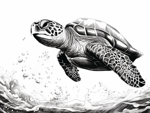 Sea turtle in black and white, detailed pen strokes style