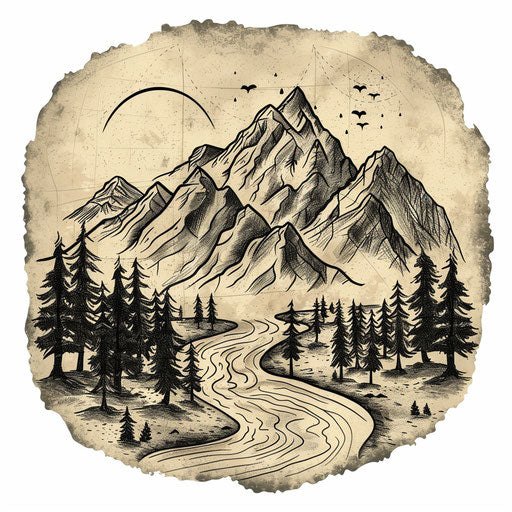 Rustic map logo with mountains, trees, and river