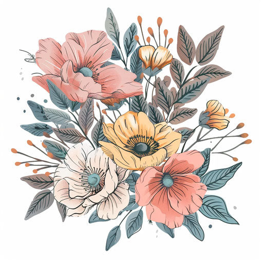 Elegant flat tattoo sketch of a floral bouquet in pastel tones