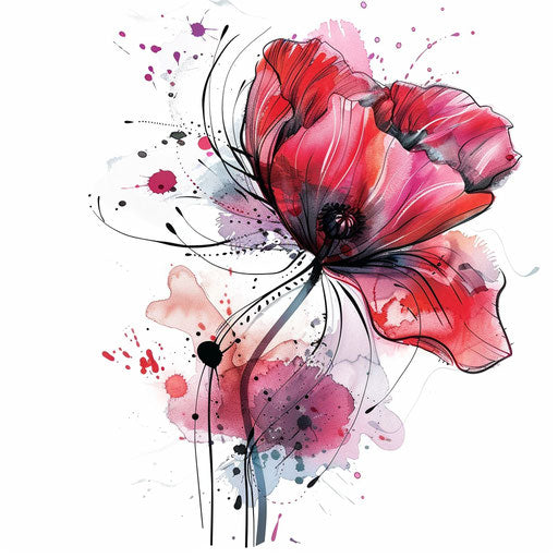 Contemporary poppy tattoo design with abstract elements and splashes of color on white backdrop for modern look