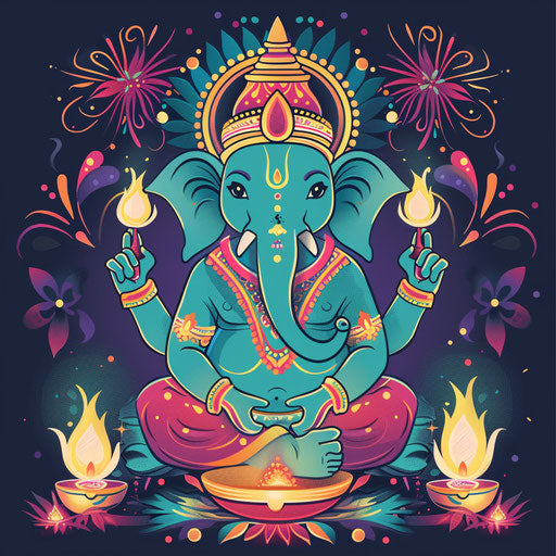 Festive Ganpati clipart with Diwali lights and Indian motifs