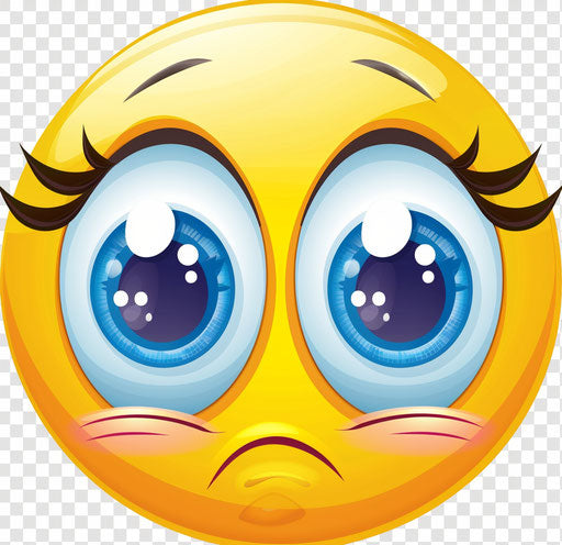 Sad yellow emoji with large blue eyes and eyelashes