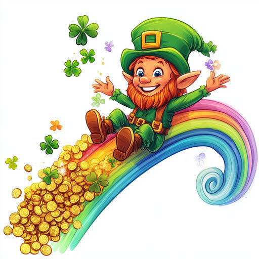 St. Patrick's Day, happy leprechaun sliding down a rainbow with gold coins and shamrocks