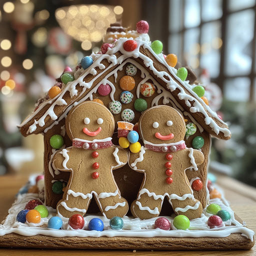 Gingerbread people decorating in a cozy house