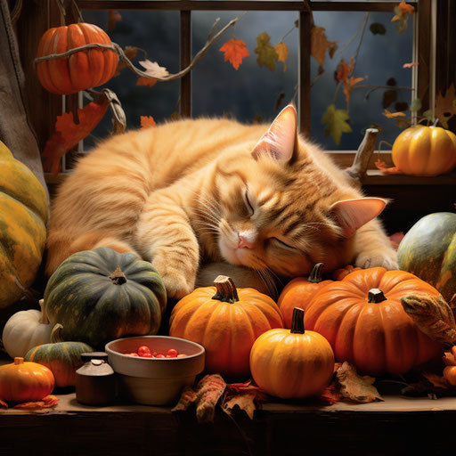 Ginger cat resting with pumpkins