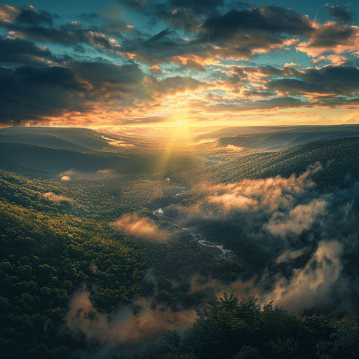 Pocono Mountains at sunrise with mist in the valleys