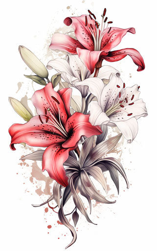 Lily tattoo in light gray and light black with botanical impressions