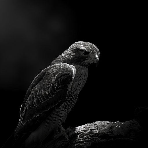 Red hawk bird in a poetic black and white scene