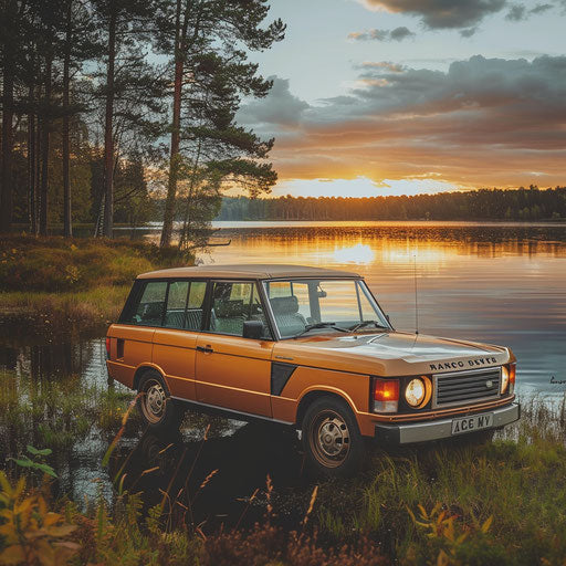 Restored classic Range Rover by lake in golden hour