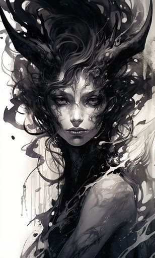 Black and white drawing of the demon, realism with fantasy elements