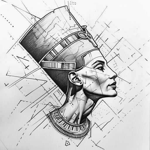 Chic flat tattoo sketch of Nefertiti adorned with Art Deco style accents