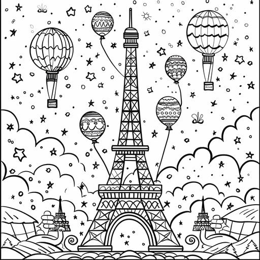 Playful Eiffel Tower with balloons for kids coloring book