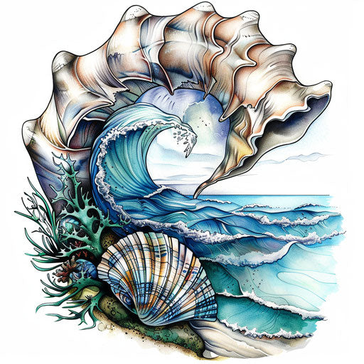 Mysterious shell revealing seascape, vibrant blues and greens