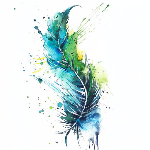 Vibrant watercolor feather on white background