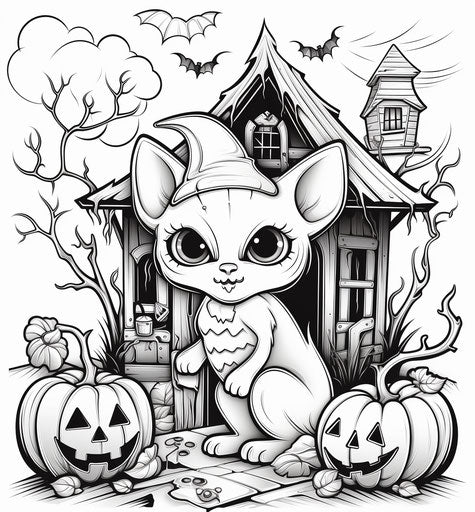 Halloween coloring for kids with house, accessories, and cat