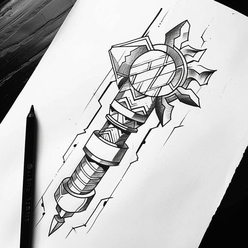 Stylized flat tattoo sketch of a piston with bold tribal markings
