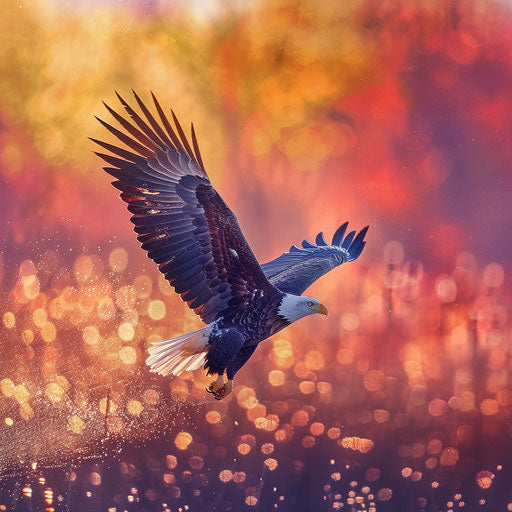 Bald eagle in flight against colorful skies of sunrise