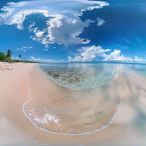 Panoramic view of a sandy beach with its serene waters and white sandy beaches