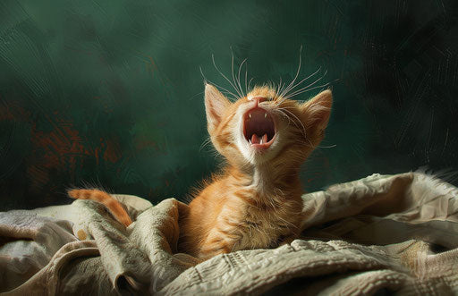 Orange kitten yawning on a green towel on a bed