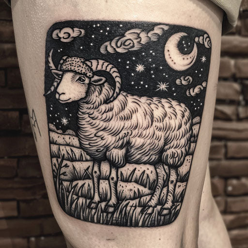 Bold and dark flat tattoo sketch with a sheep under a starry night sky