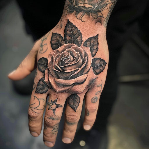 Black and grey realistic rose hand tattoo in Ami James style