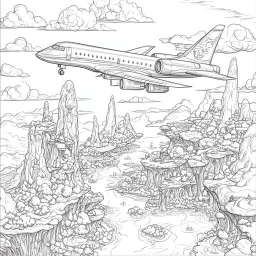 Jet flying over a fantastical landscape with floating islands