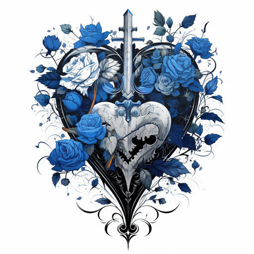 Heart tattoo with sword and roses in white and blue style