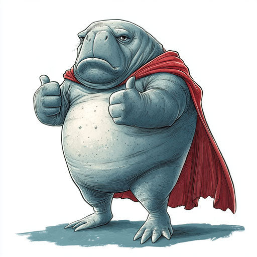 Humorous caricature of a manatee with human characteristics