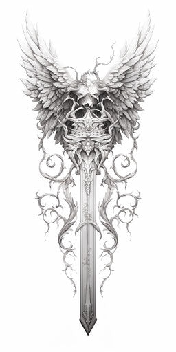 Winged sword in black and white, nature-inspired art nouveau style