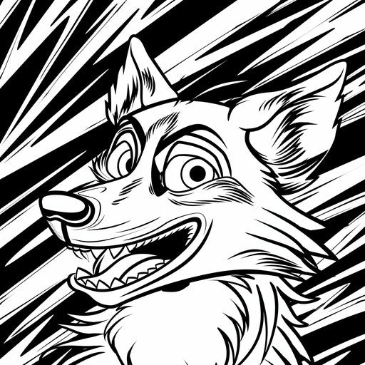Comical fox with exaggerated features in the style of Walt Handelsman Coloring book page
