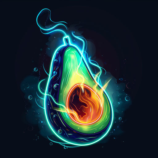 Flat tattoo sketch of an avocado with neon flames and smoke effects