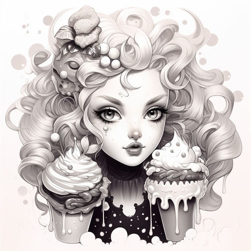 Cute drawing of kawaii ice cream in black and white