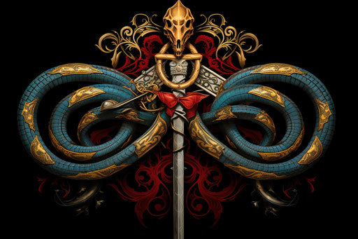 Two crossed swords, a snake crossing them, colorful fantasy tattoo